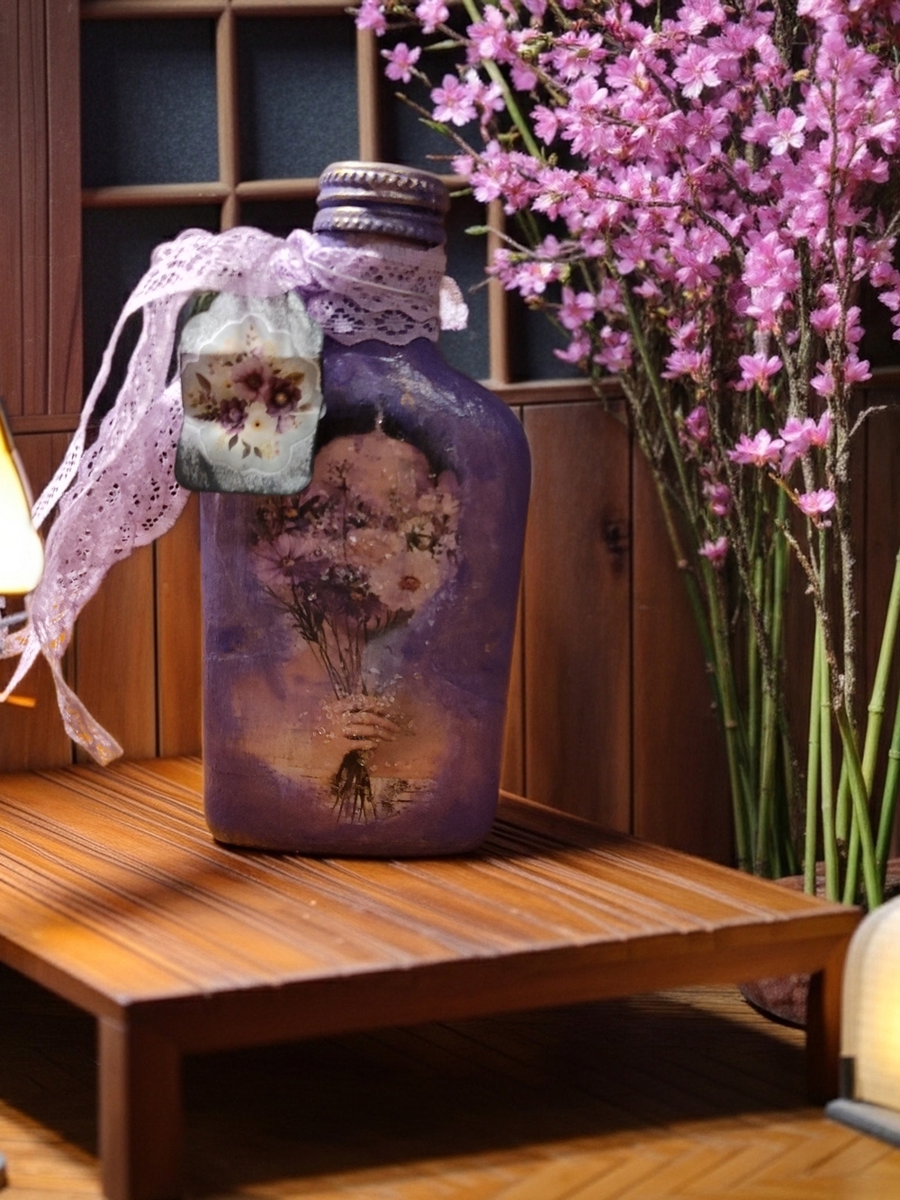 Lavender Hand-Painted Decorative Bottle with Asian Inspired Decoupage